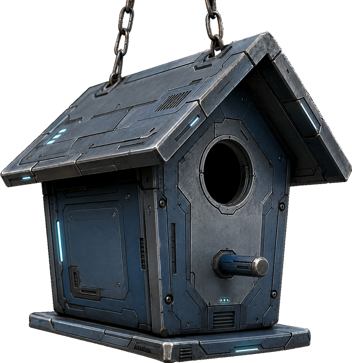 Weathered hanging birdhouse, the Wrendex field unit